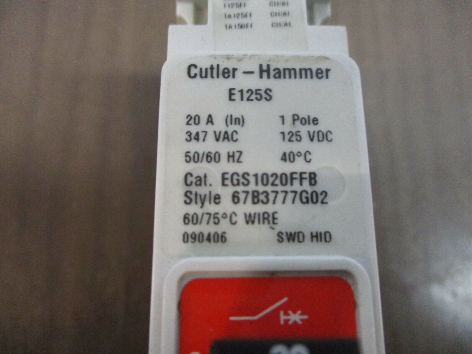 Cutler-Hammer Circuit Breaker EGS1020FFB 20A 347VAC/125VDC 1P Used