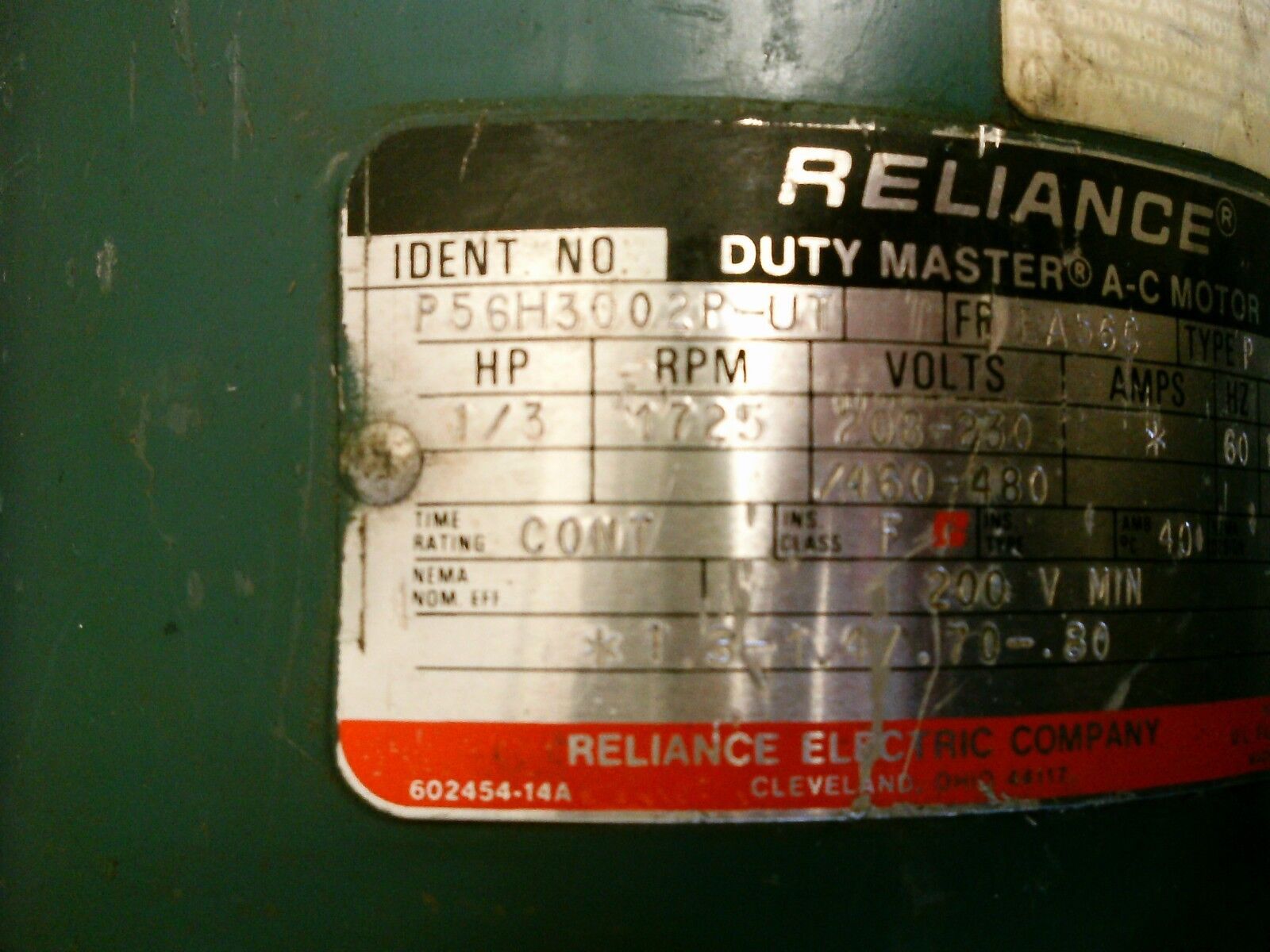 Reliance Duty Master AC Motor P56H3002P-UT 1/3HP 1800RPM 208-230/460-480V Used