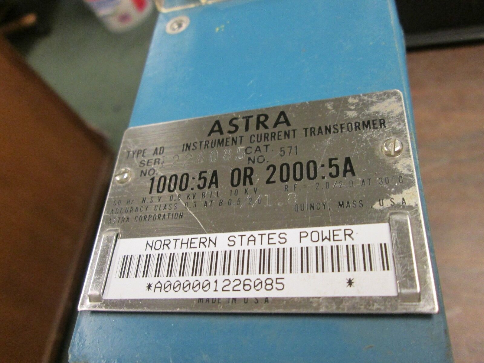 Astra Current Transformer 571 Ratio 1000/2000:5A 10KV BIL 60Hz Used