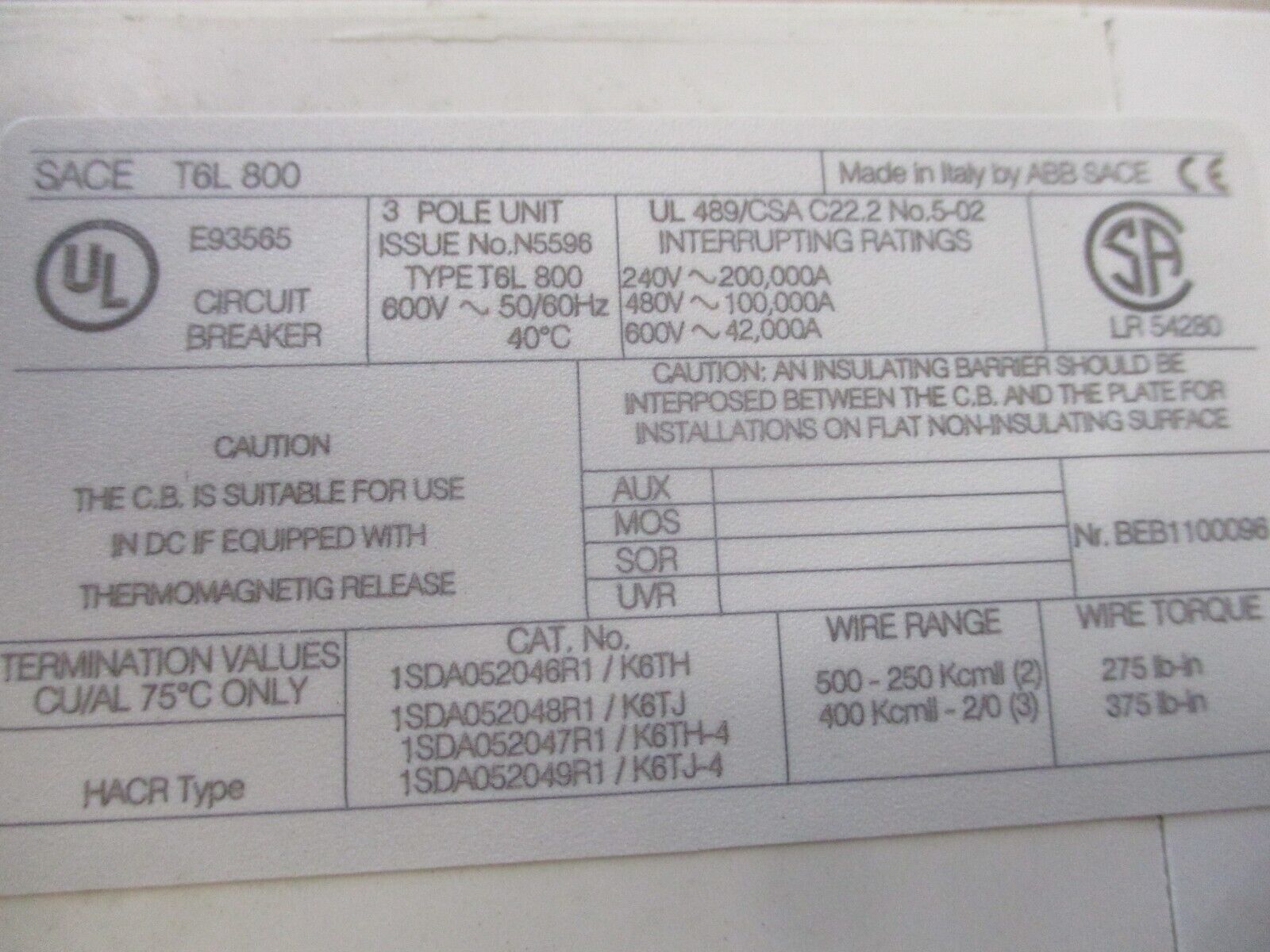 ABB Sace Tmax Breaker Disconnect T6L800 800A 600V 3P *No Trip Cover* Used.