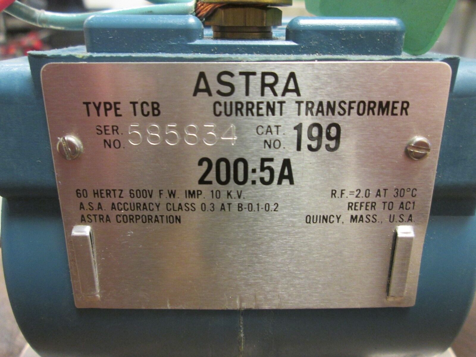 Astra Type TCB Current Transformer 199 Ratio 200:5A 600V 60Hz 10KV BIL Used