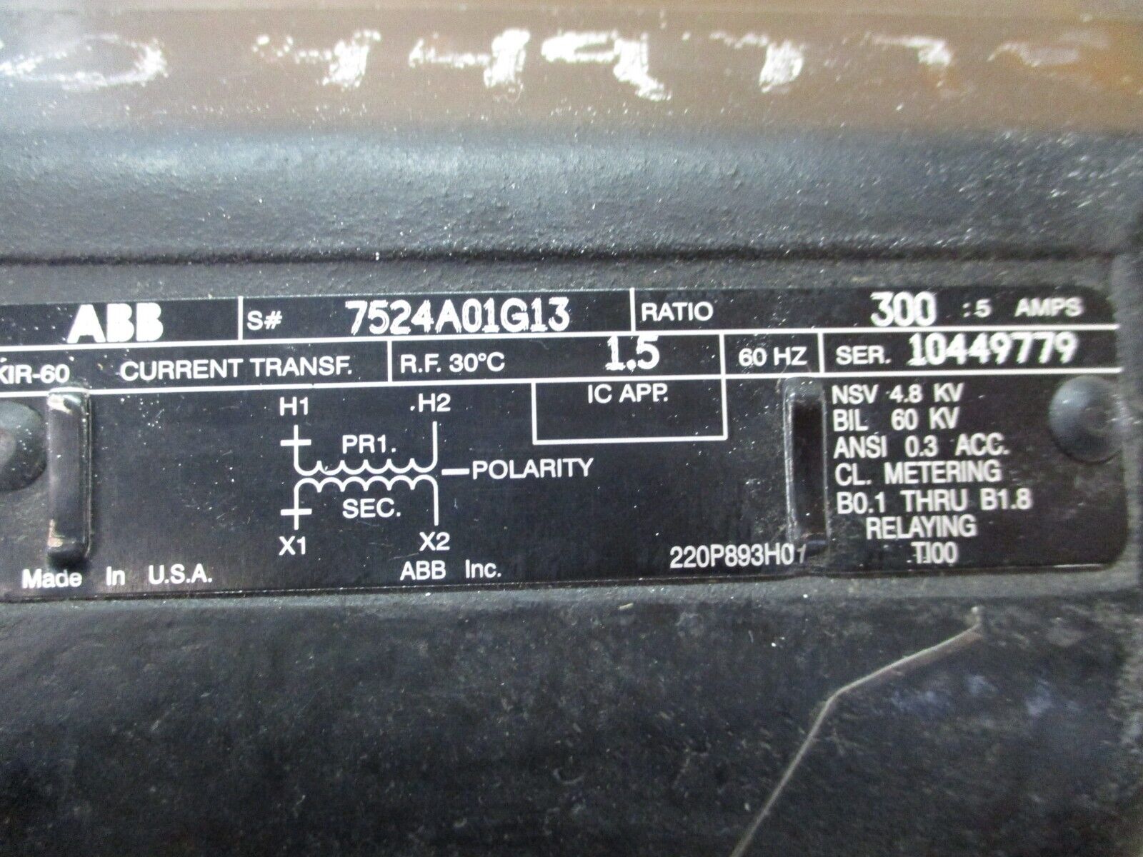 ABB KIR-60 Current Transformer 7524A01G13 Ratio 300:5A 60Hz 60kV BIL Used