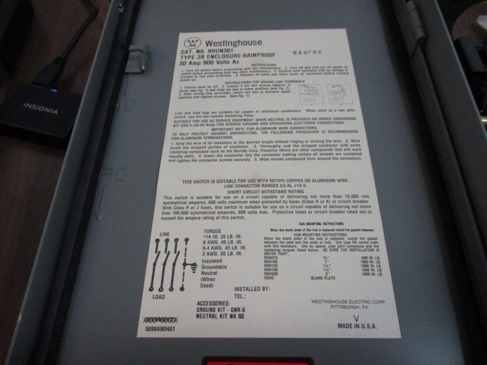 Westinghouse 3R Non-Fasible Safety Switch/Disconnect RHUN361 30A 600V