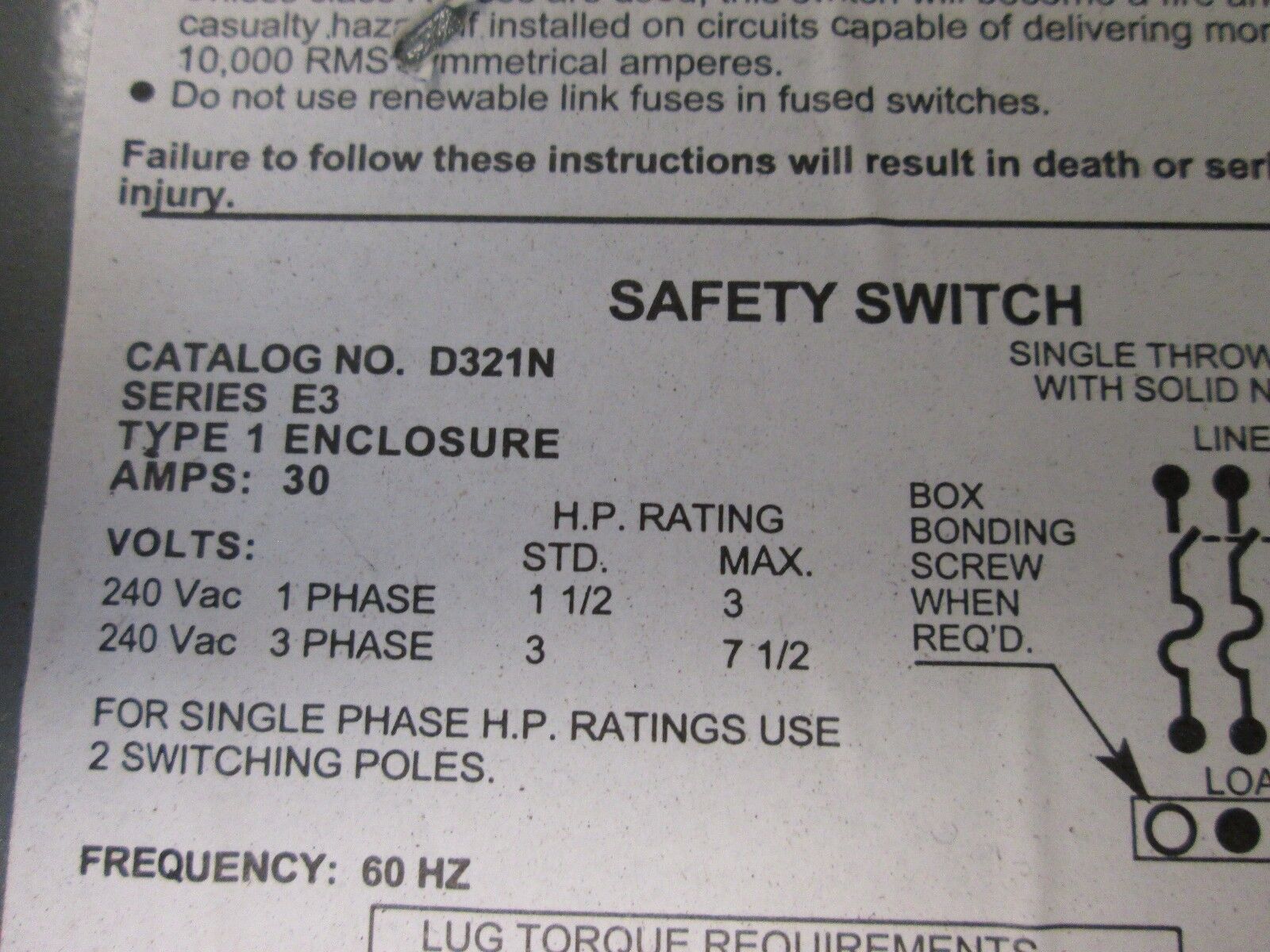 Square D Fusible Safety Switch D321N 30A 240VAC 60Hz Used **No Fuses**