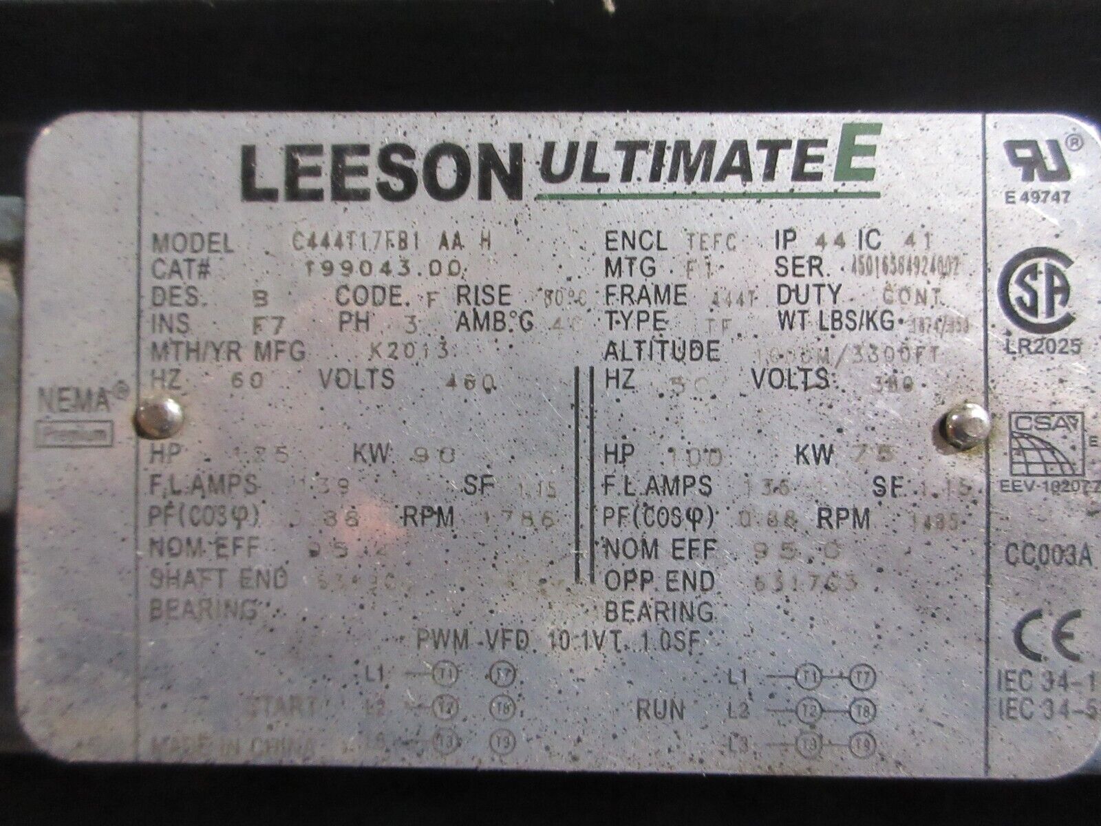 Leeson Ultimate E AC Motor 199043.00 125HP 1800RPM 460V 3Ph 444T Frame Used