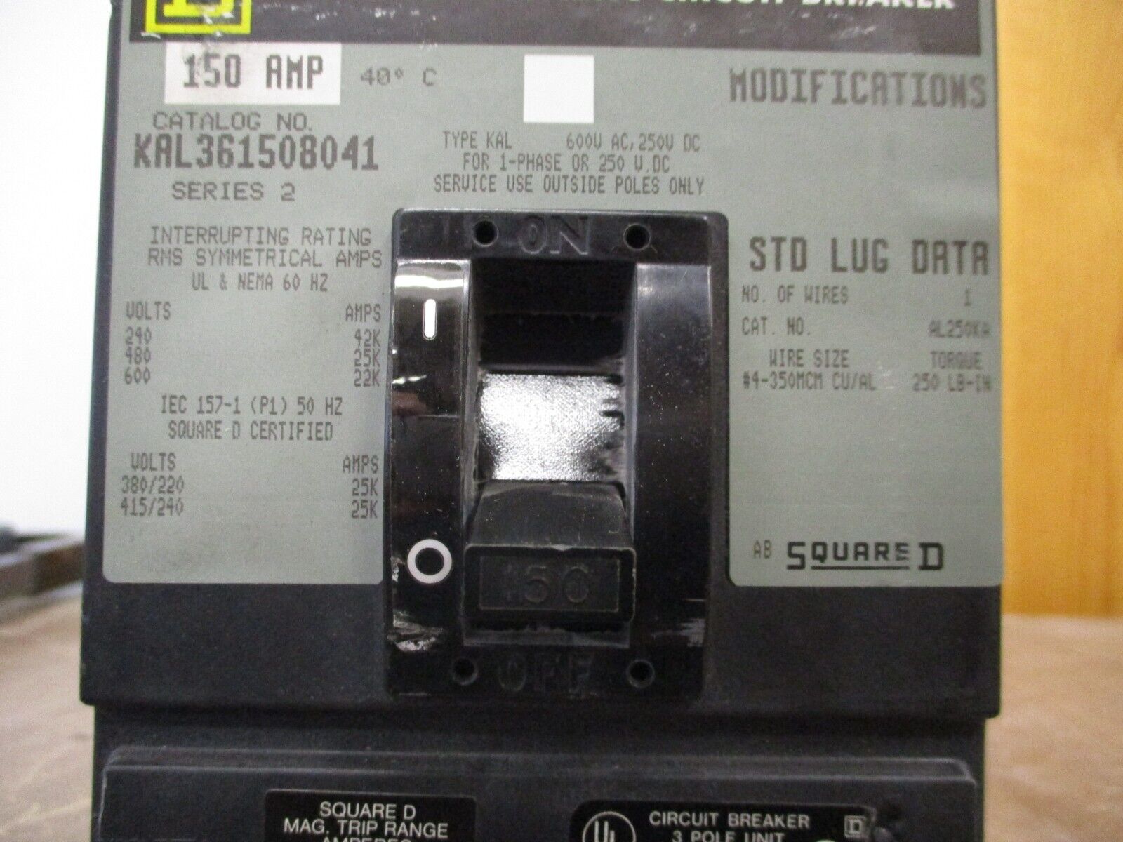 Square D Circuit Breaker KAL361508041 150A 600V 3P Used