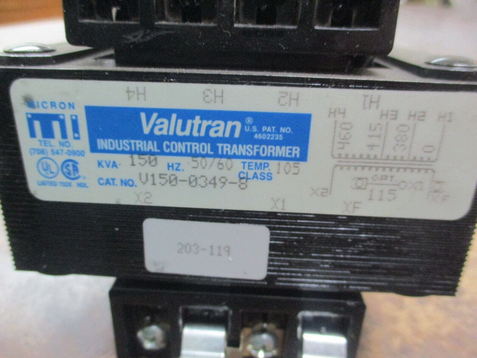 Micron Valutran Control Transformer V150-0349-8 0.150KVA Pri:380/415/460V Used