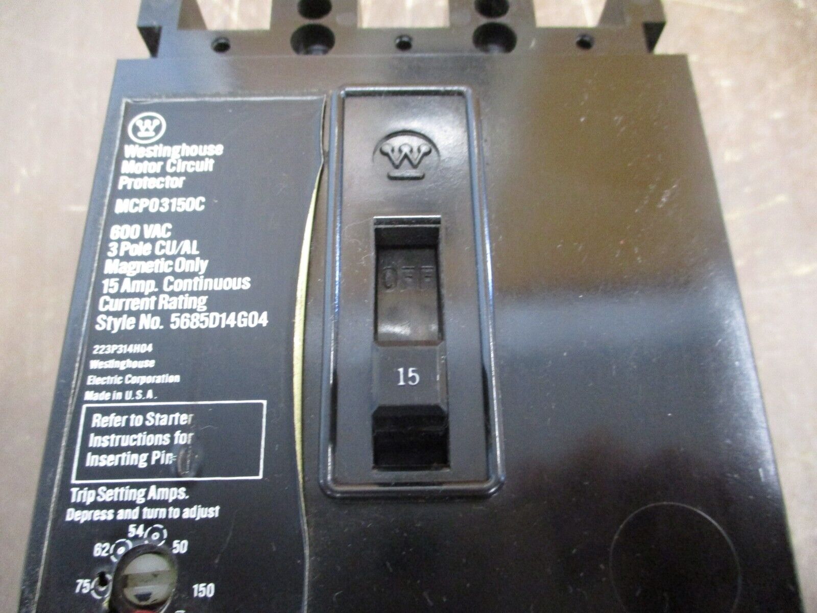 Westinghouse Motor Protector Circuit Breaker MCP03150C 15A Trip: 50-150A 600V 3P