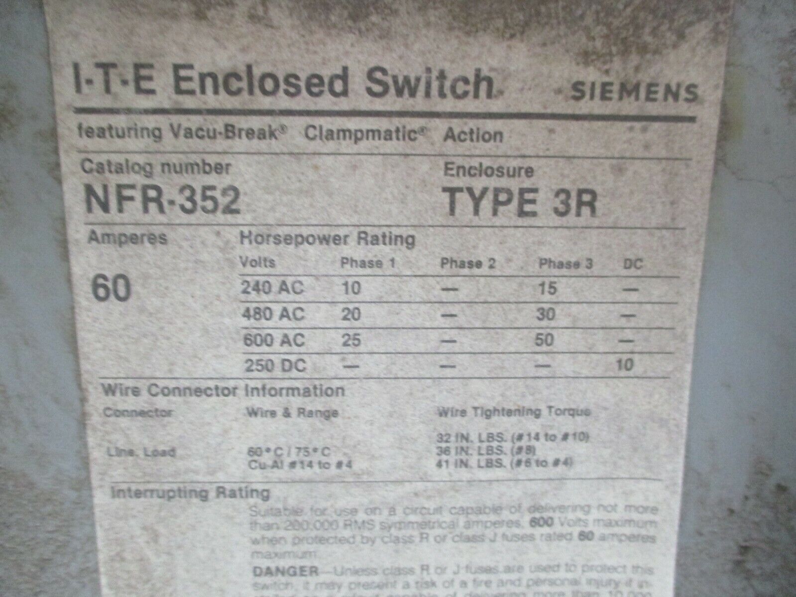 ITE Non-Fusible 3R Safety Switch / Disconnect NFR352 60A 600V Used