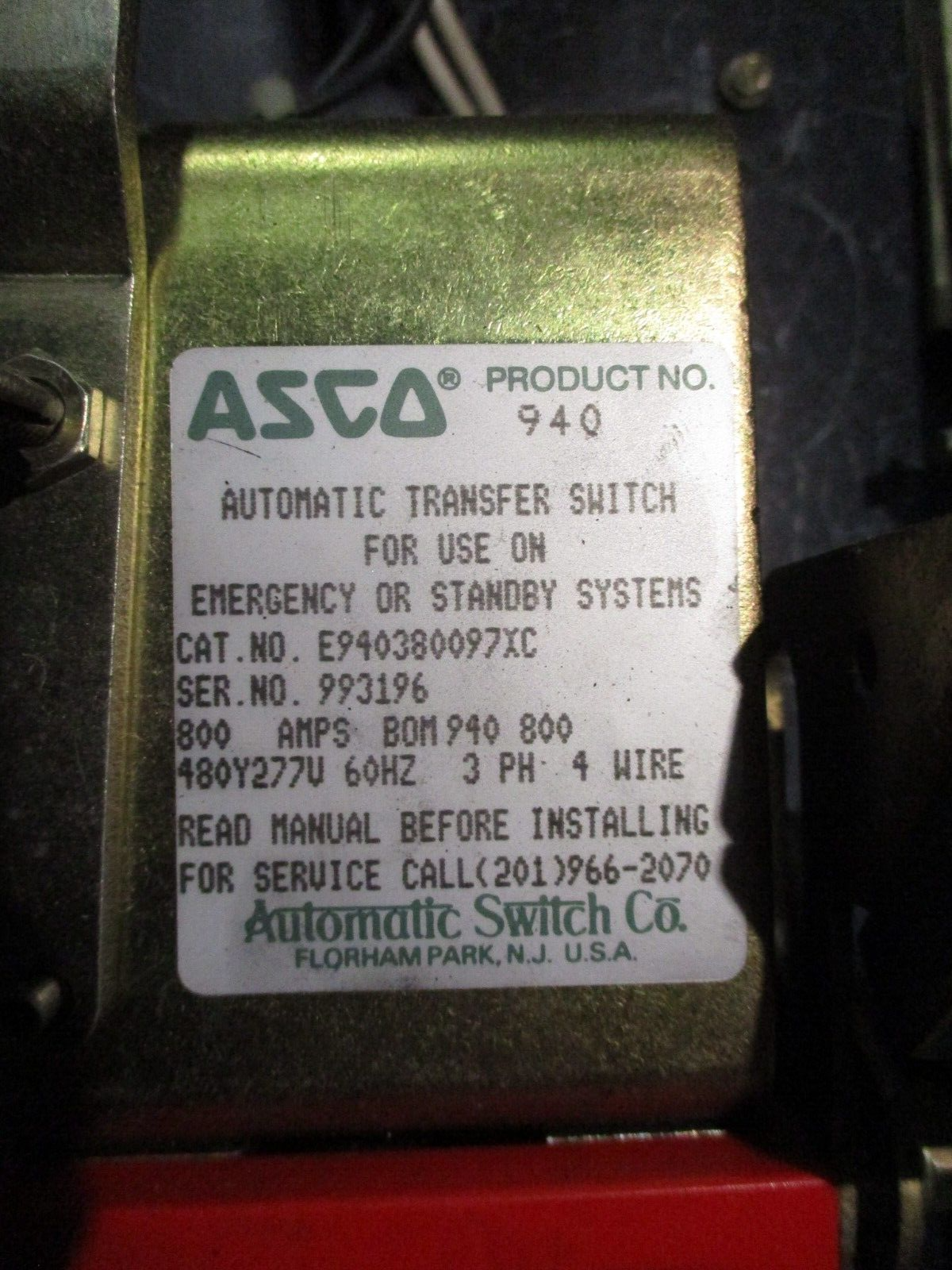 ASCO 940 Series Automatic Transfer Switch E940380097XC 800A 480Y/277V 60Hz 3Ph