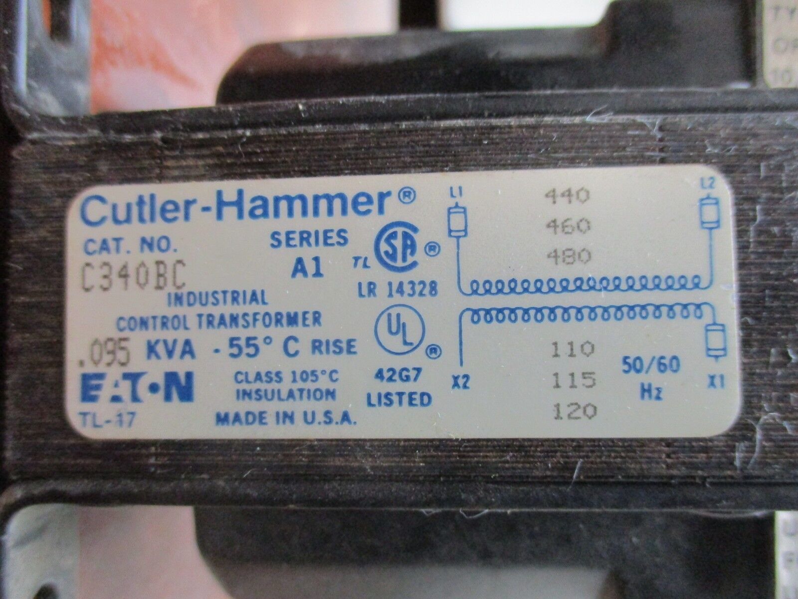 Cutler-Hammer Control Transformer C340BC 0.095KVA Pri: 480V Sec: 120V Used