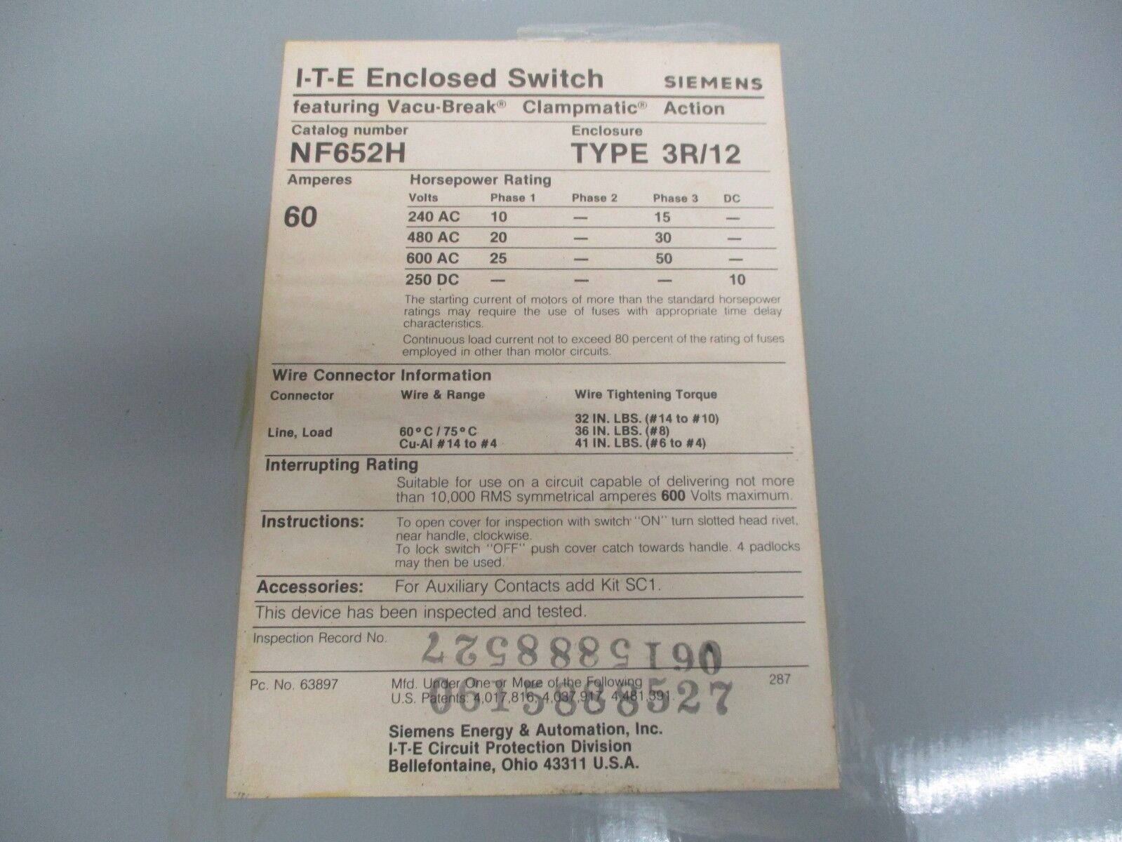 ITE Non-Fusible 3R Safety Switch/Disconnect NF652H 60A 600V Used