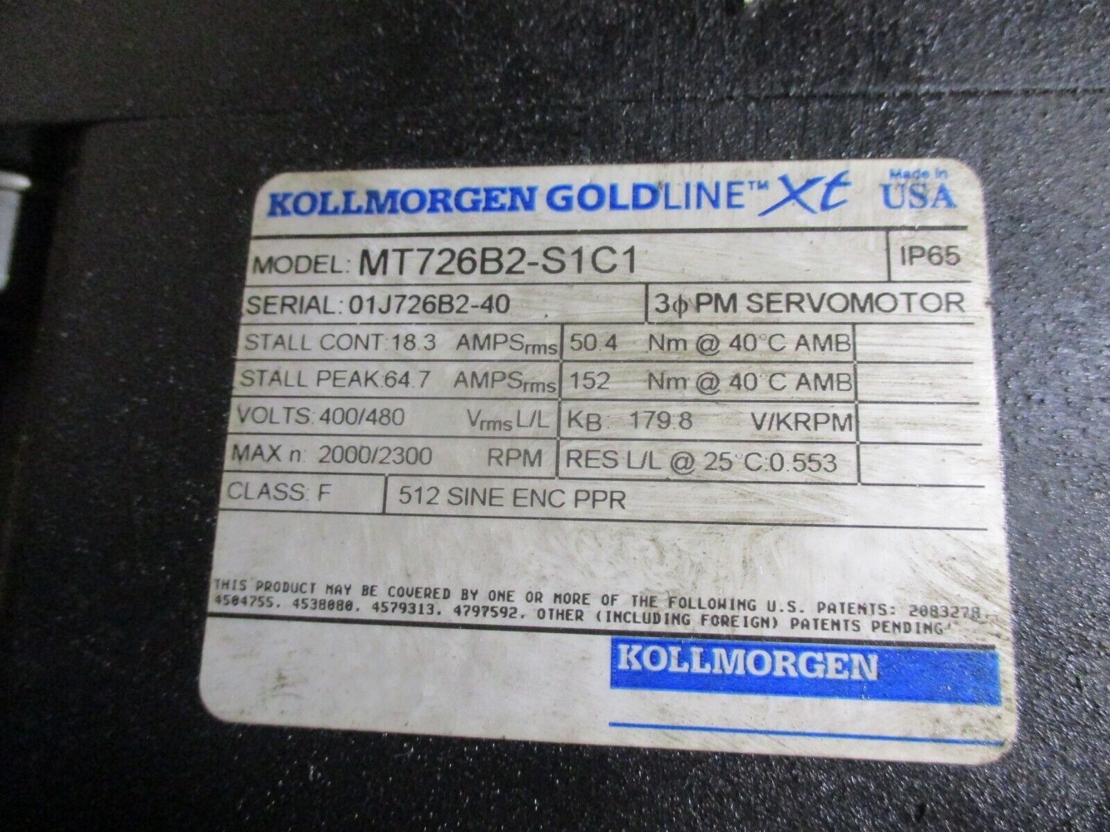 Kollmorgen Goldline XT AC Motor w/ Gear MT726B2-S1C1 480V 2300RPM 18.3A Used