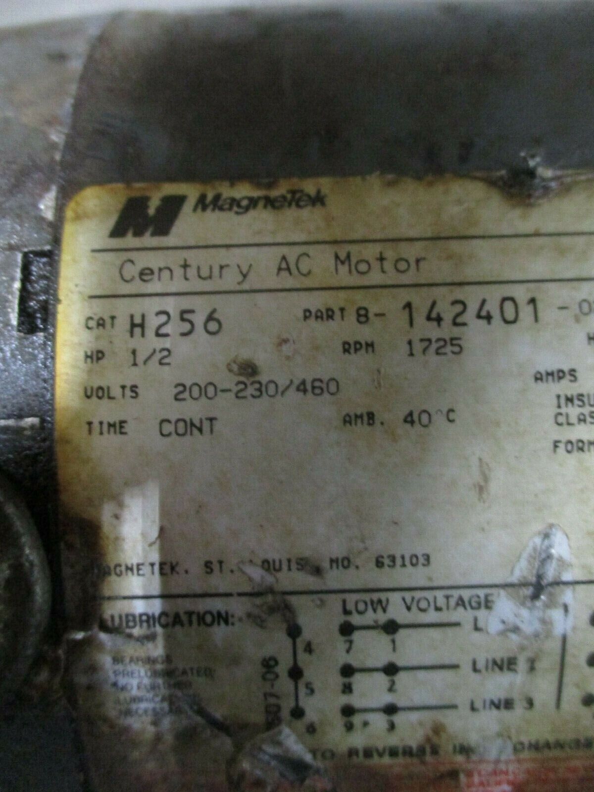 Magnetek Century AC Motor H256 0.5HP 1800RPM 200-230/460V 1.6-1.8/0.9A Used