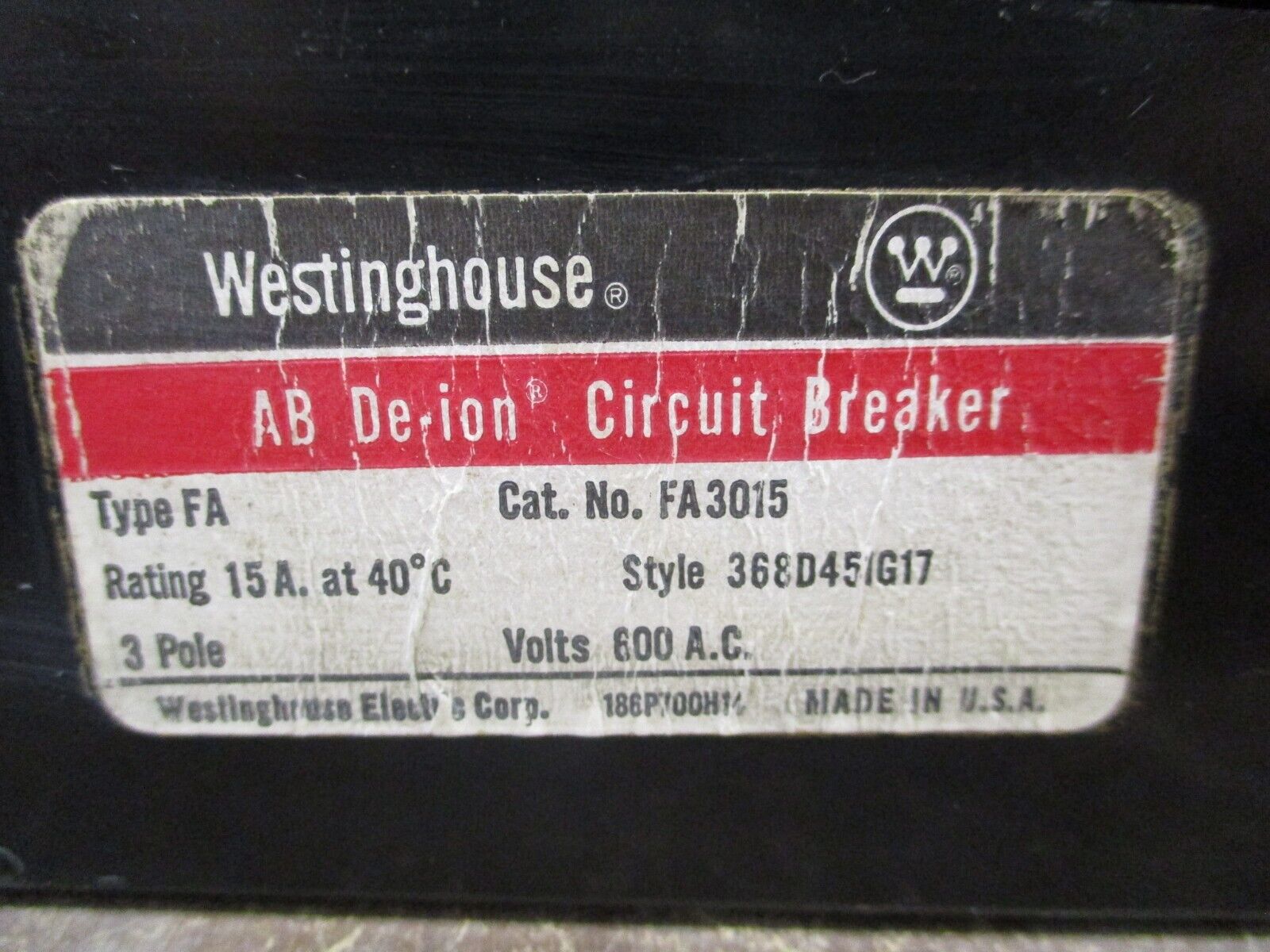 Westinghouse AB De-ion Circuit Breaker FA3015 15A 600V 3P Used