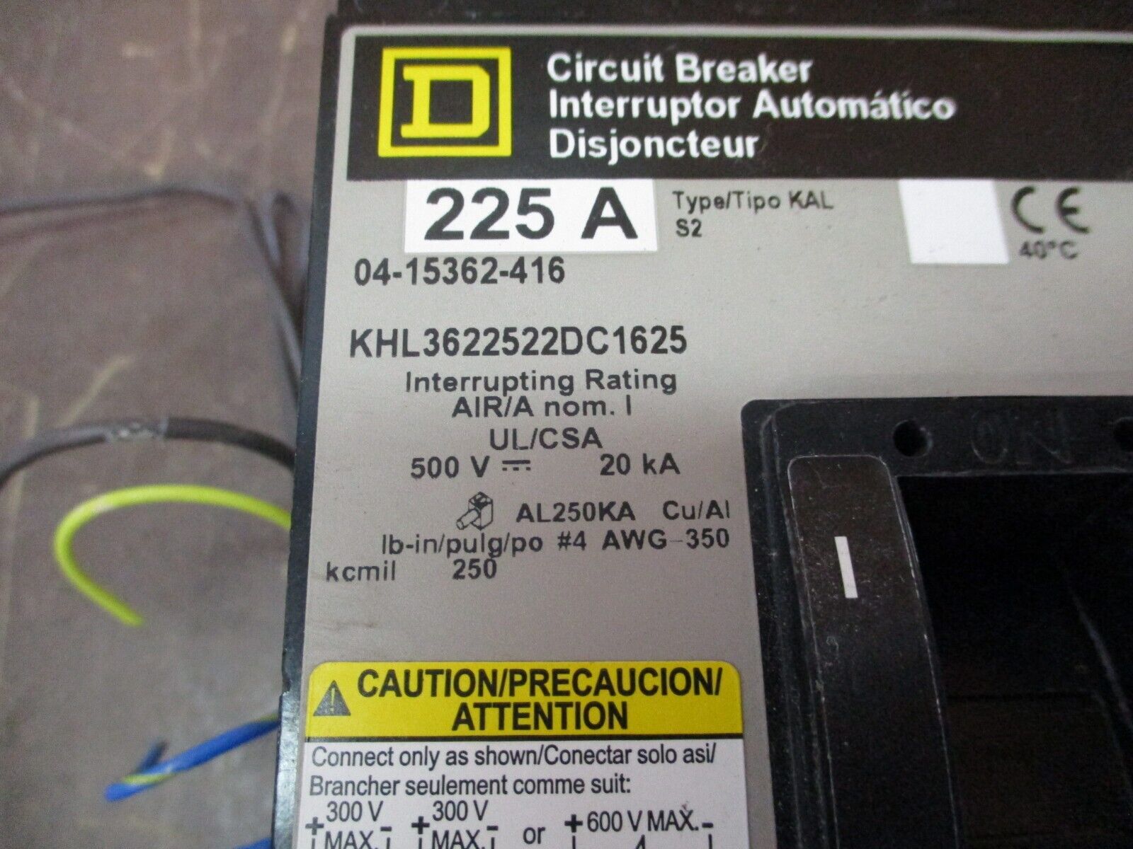 Square D Circuit Breaker KHL3622522DC1625 225A 500VDC 3P Used