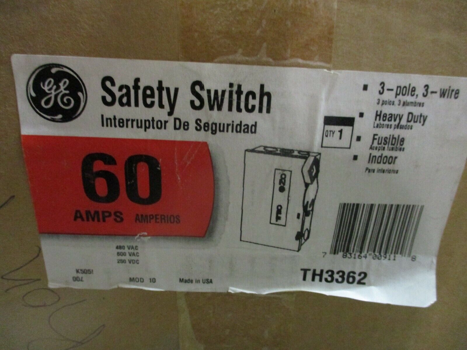 GE Fusible Safety Switch / Disconnect TH3362 60A 600V 3P 3W New Surplus