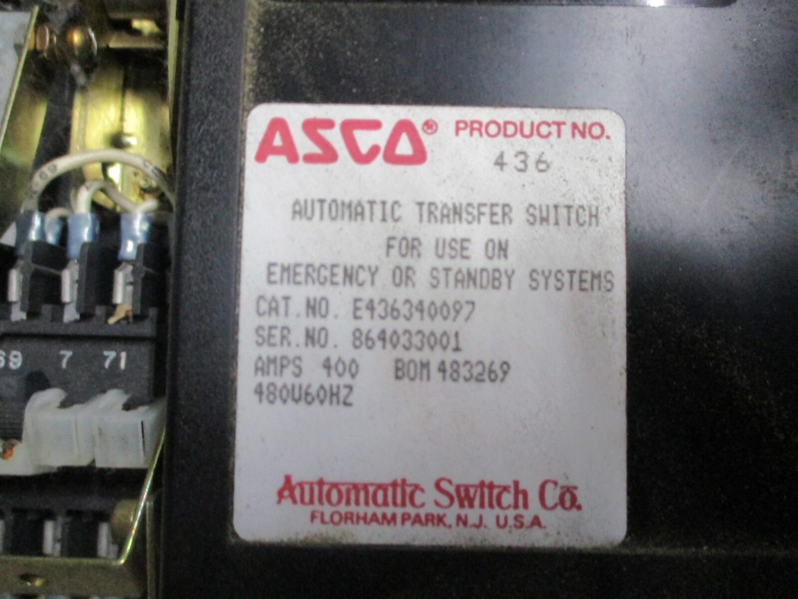 ASCO Automatic Transfer Switch w/ Bypass E436340097 400A 480V 60Hz Used