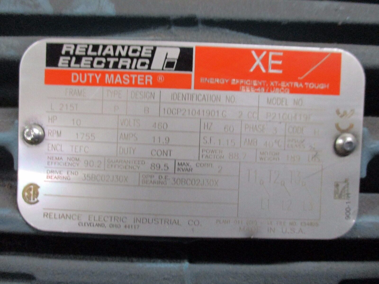 Reliance XE Duty Master Motor P21C0419F 10HP 1755RPM 460V 11.9A 3Ph New Surplus