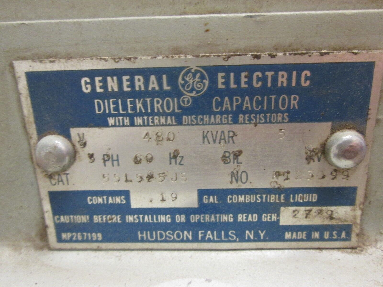 GE Dielektrol Capacitor 55L525JS 5KVAR 480V 60Hz 3Ph Used