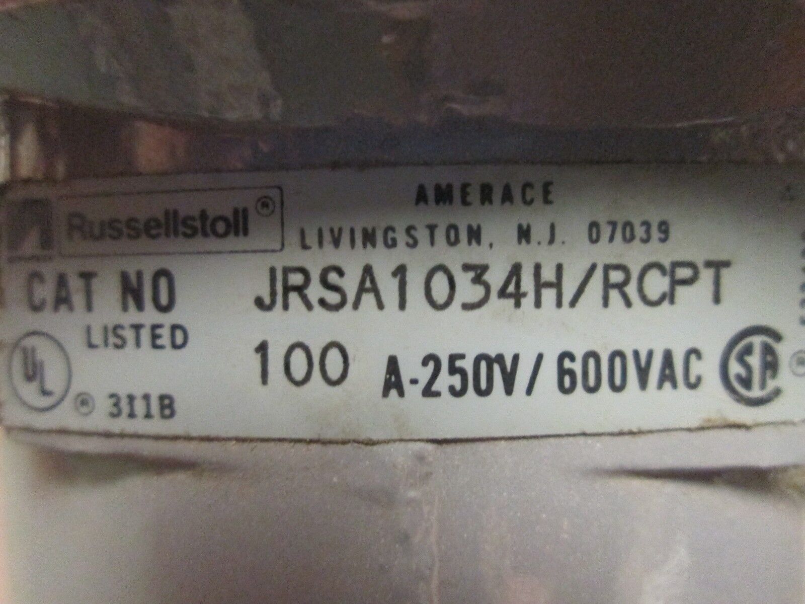 Russellstoll Receptacle JRSA1034H 100A 600V 3P 4W Used