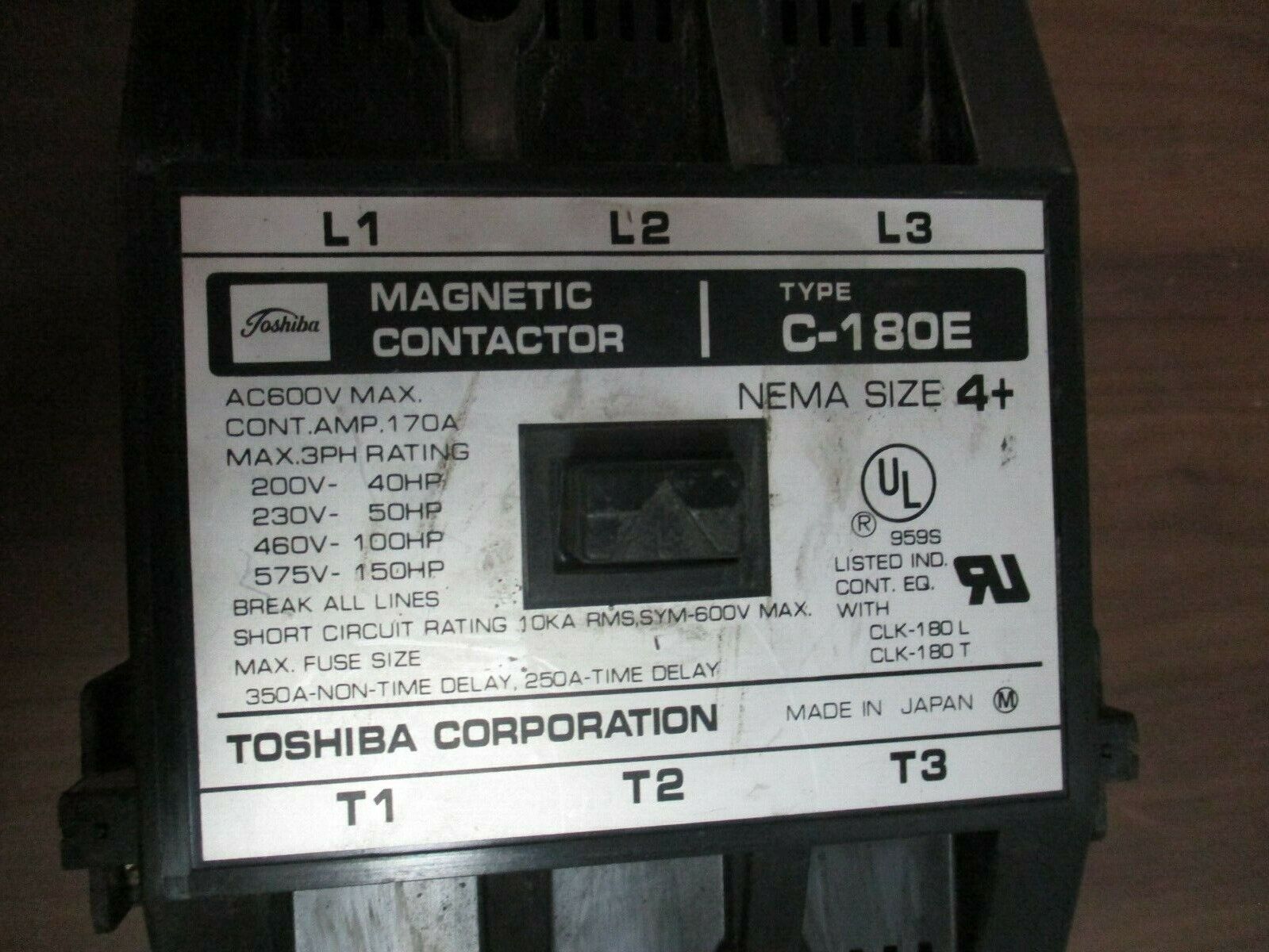 Toshiba Size 4+ Contactor C-180E 115-120V Coil 170A 600V Used