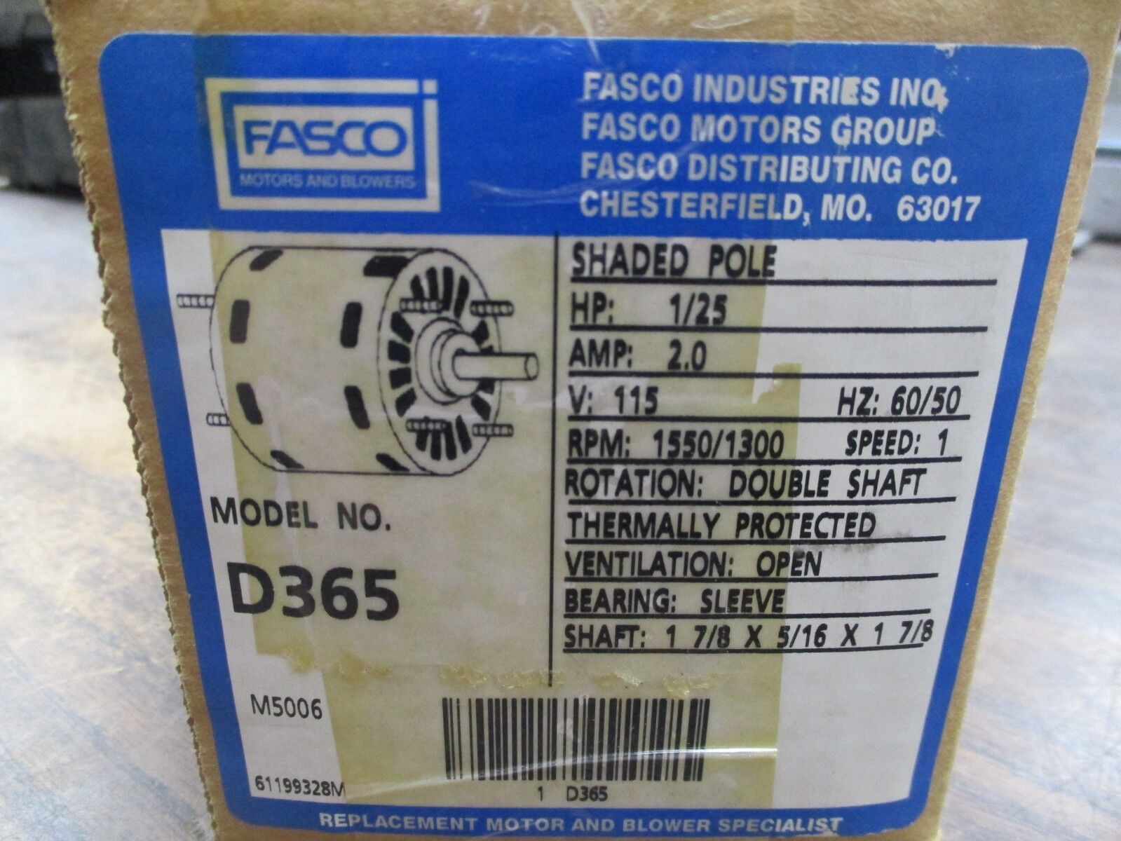 Fasco Shaded Pole AC Motor D365 1/25HP 1550/1300RPM 115V 2.0A 50/60Hz