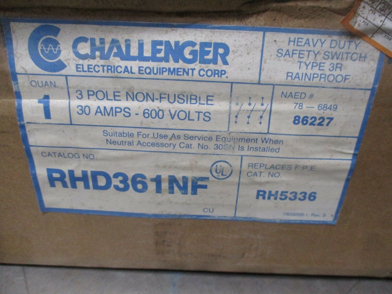 Challenger Non-Fusible 3R Safety Switch / Disconnect RHD361NF 30A 600V 3P