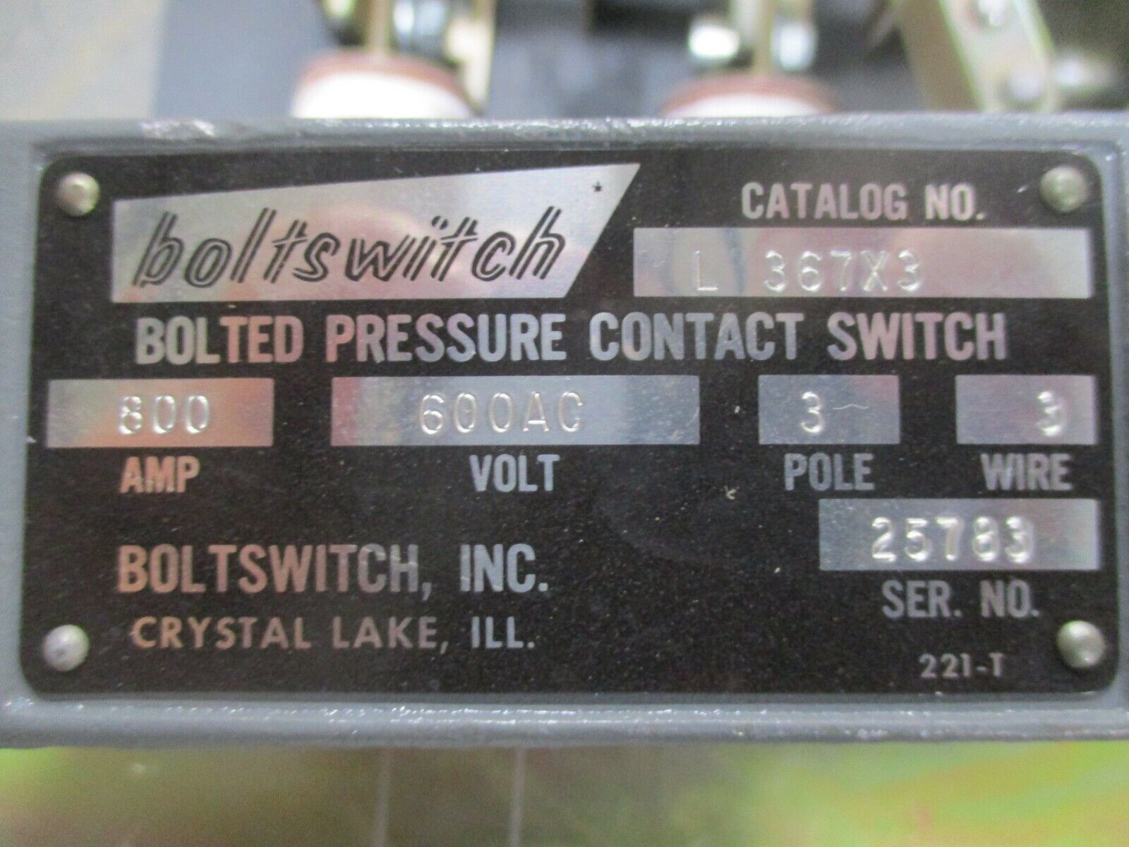 Boltswitch Bolted Pressure Contact Switch L 367X3 800A 600V 3P 3W Used