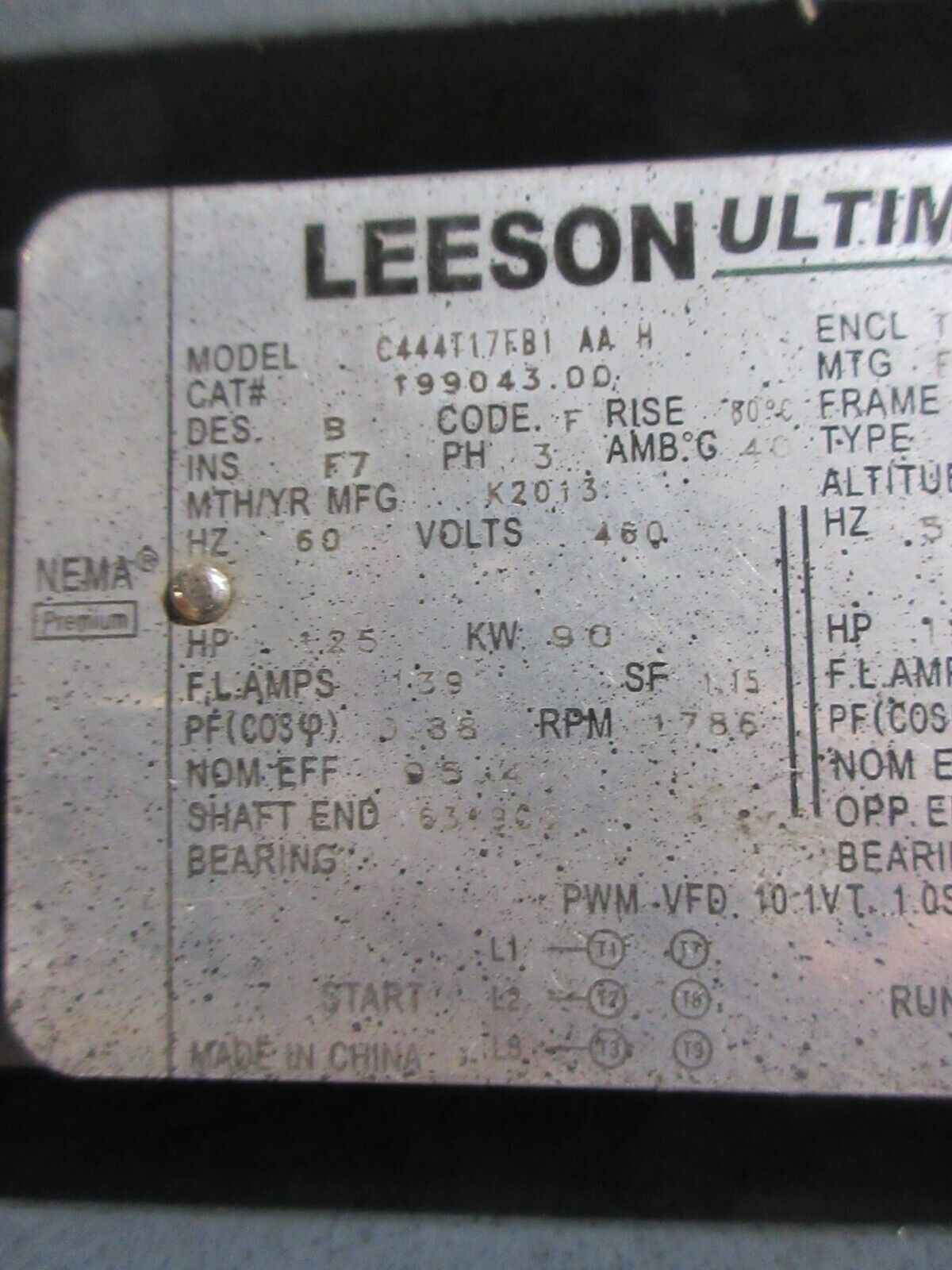 Leeson Ultimate E AC Motor 199043.00 125HP 1800RPM 460V 3Ph 444T Frame Used