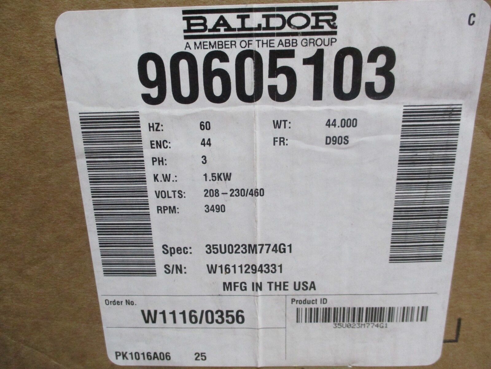 Baldor AC Motor 90605103 1.5KW 3600RPM FR:D90S ENCL:44 208-230/460V New Surplus