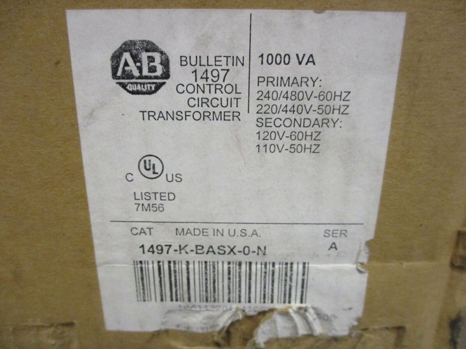 Allen-Bradley Control Transformer 1497-K-BASX-0-N Ser. A 1000VA Pri: 240/480V