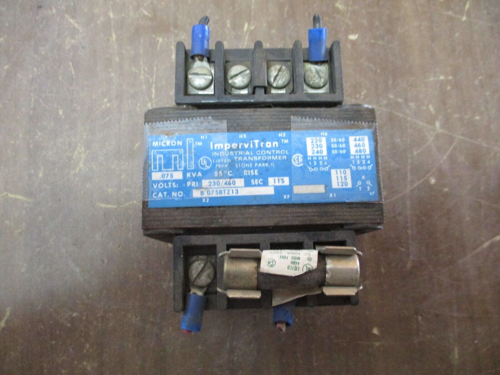 Micron ImperviTran Transformer B075BTZ13 0.075KVA Pri:230/460V Sec:115V Used