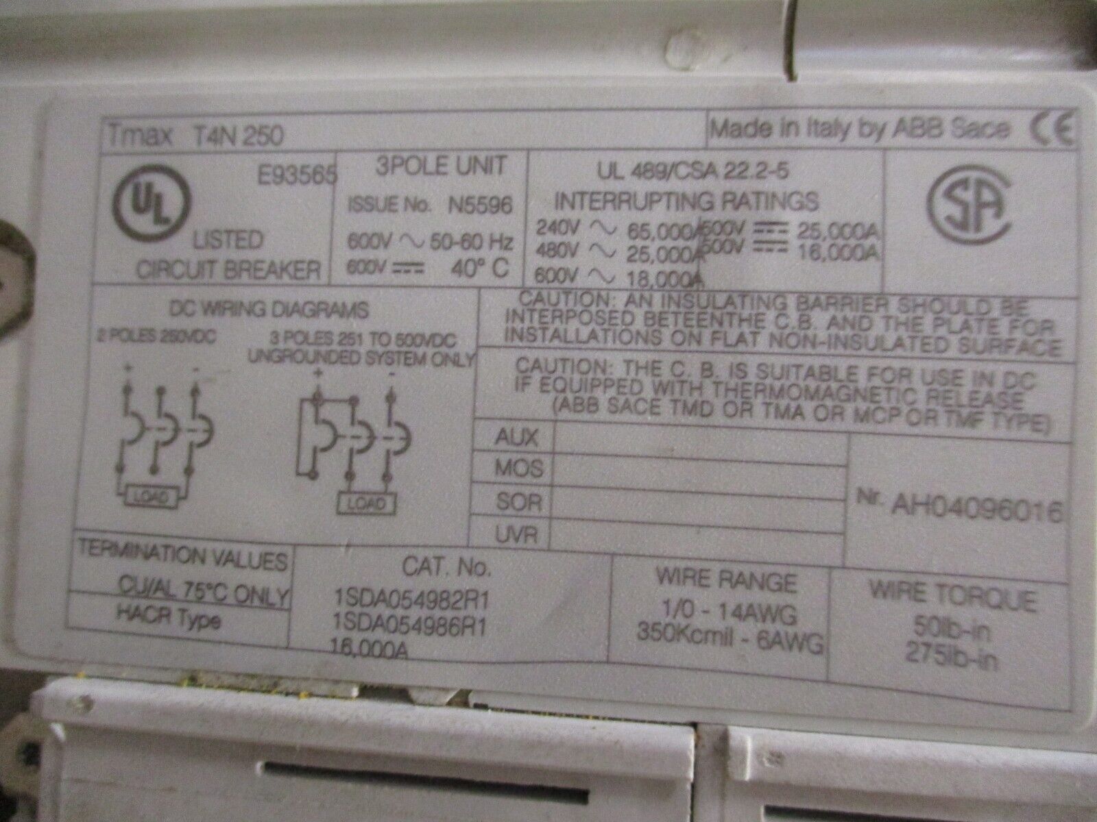 ABB SACE Tmax Circuit Breaker T4N 250 250A 600V Used