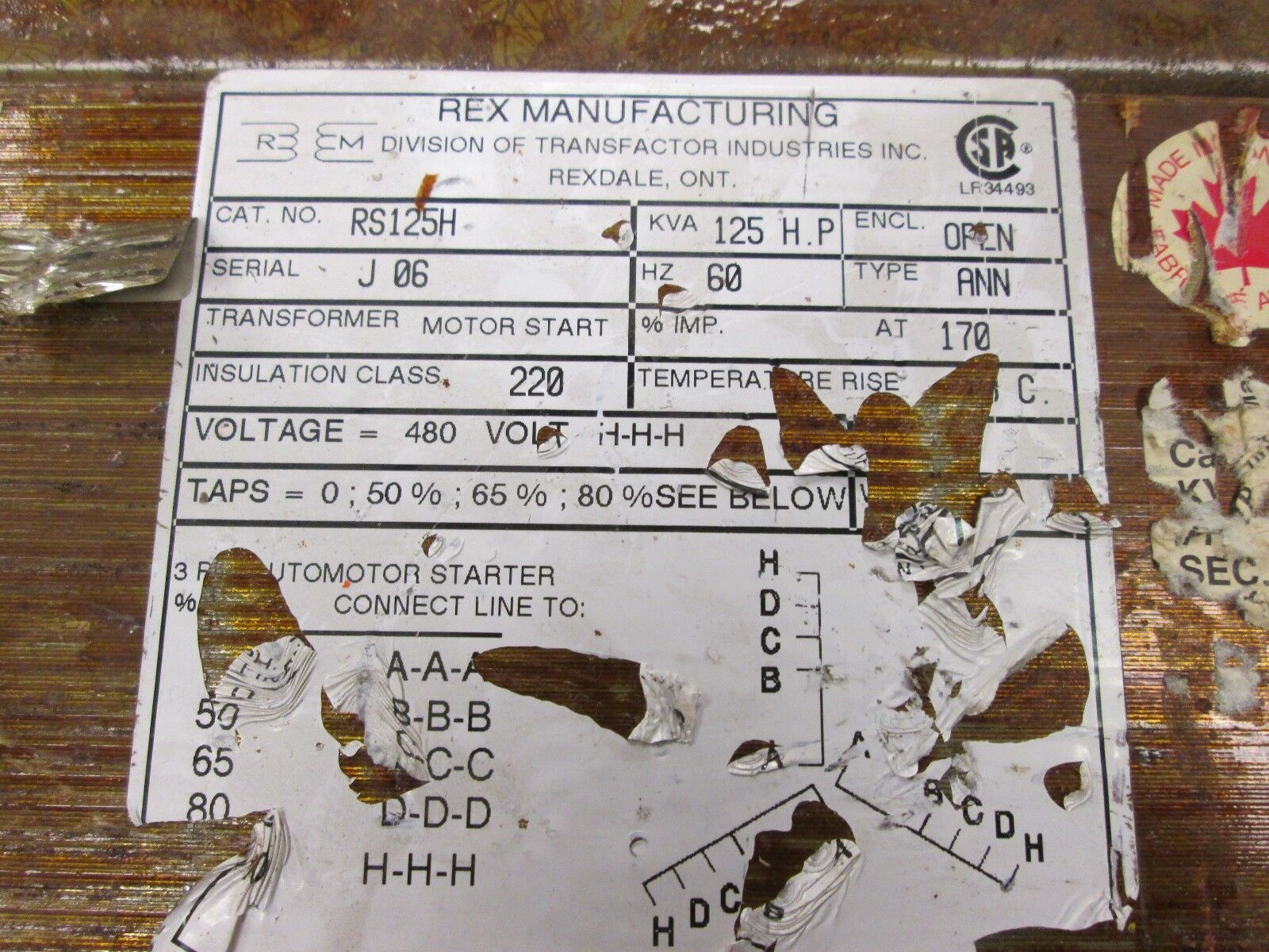 Rex Manufacturing  Control Transformer  RS125H  125HP  480V  3Ph