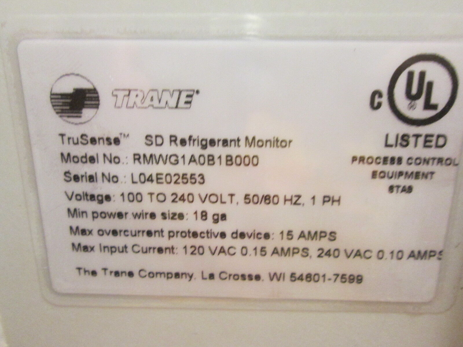 Trane TruSense SD Refrigerant Monitor RMWG1A0B1B000 100-240V 1Ph Used