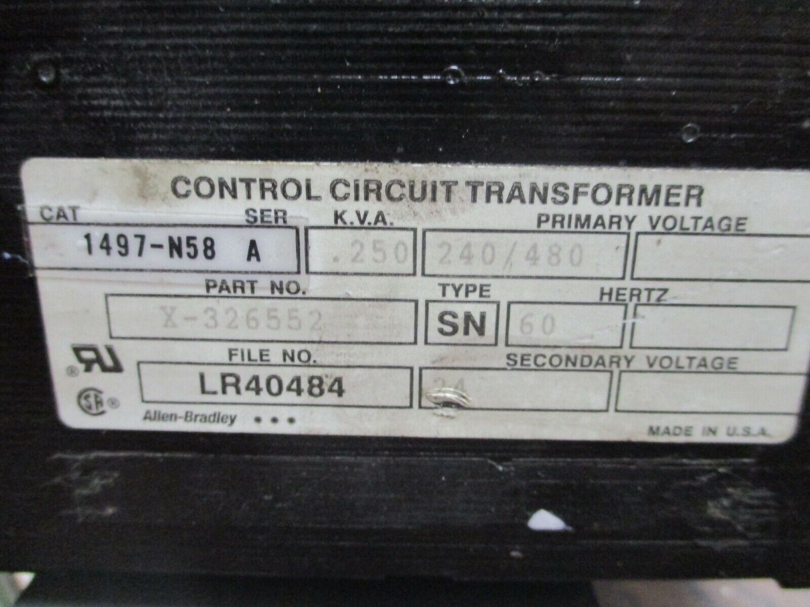 Allen-Bradley Type SN Control Transformer 1497-N58 Ser. A 0.250KVA 60Hz Used