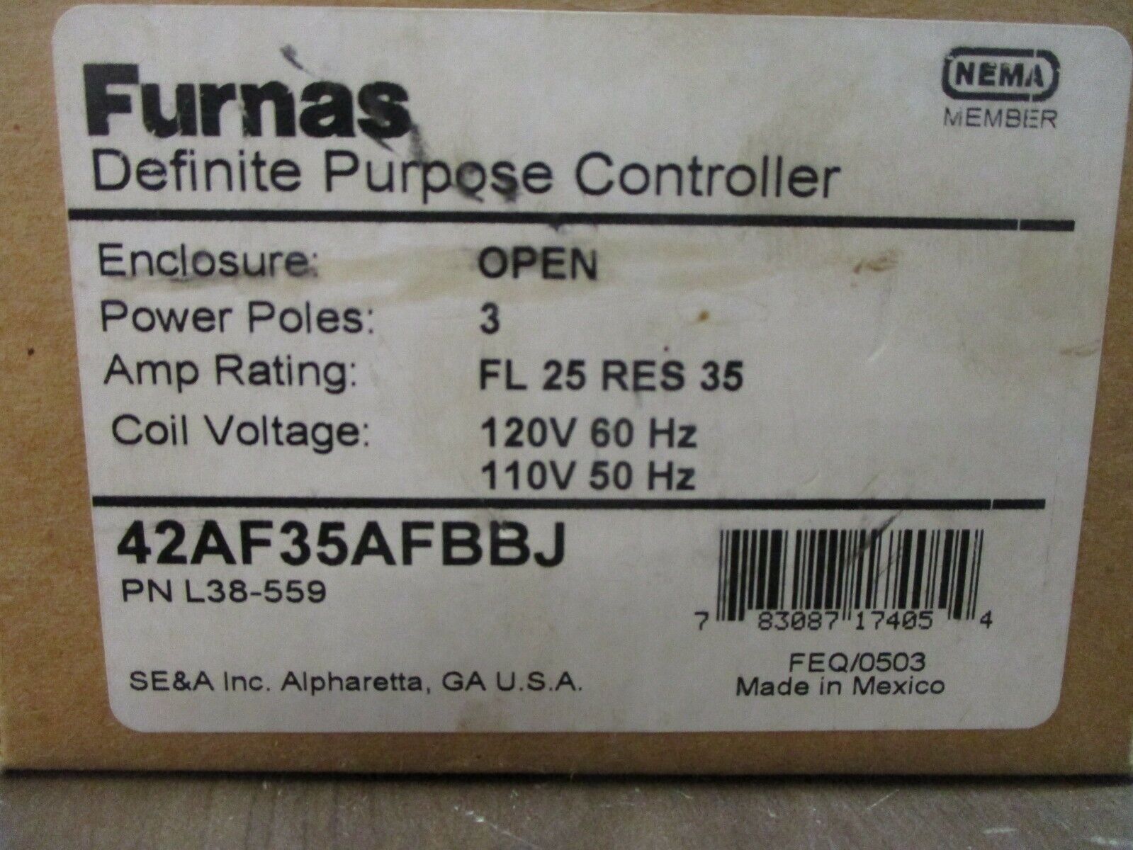 Furnas Definite Purpose Contactor 42AF35AFBBJ 120V Coil 25A 3Ph New Surplus