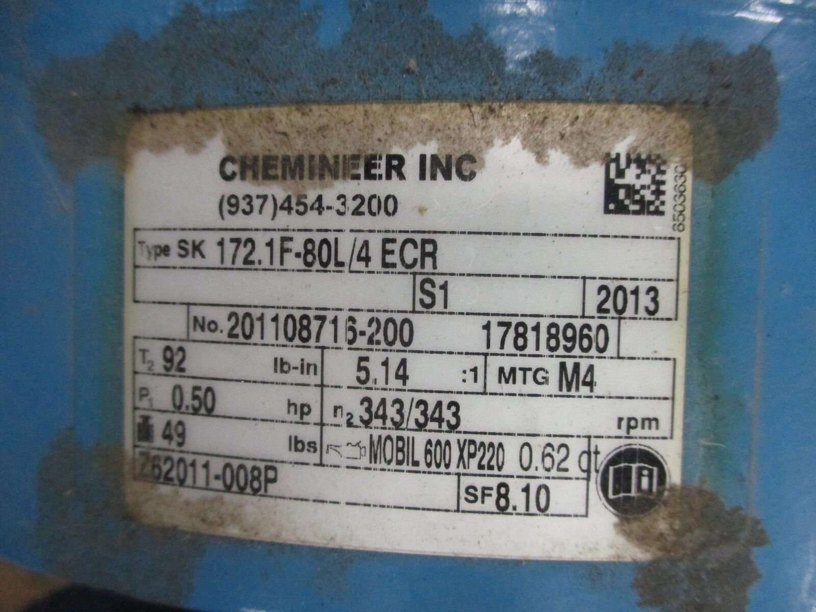 Chemineer / Nord Gear Motor SK 172.1F-80L/4 ECR Ratio 5.14:1 0.5HP Used