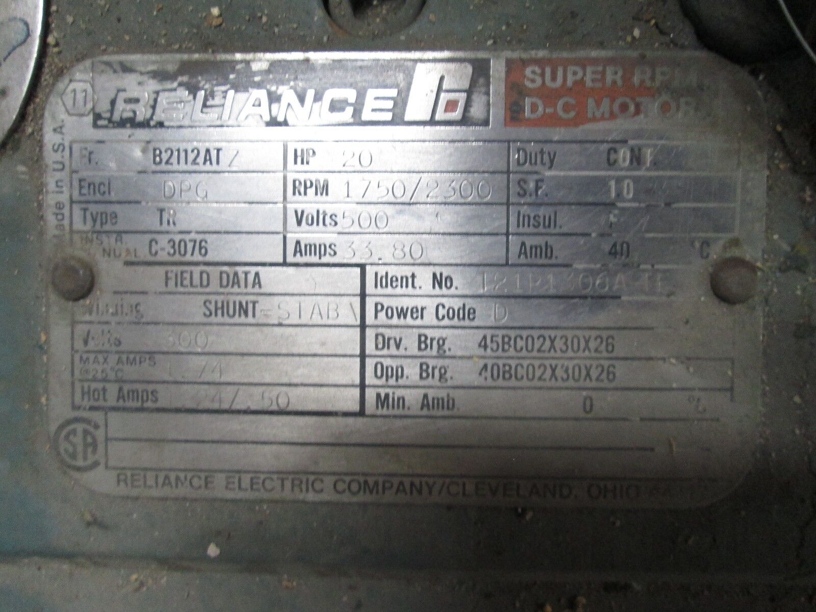 Reliance DC Motor T21P1306A-TE 20HP 500V 1750/2300RPM B2112AT Frame 300V Field