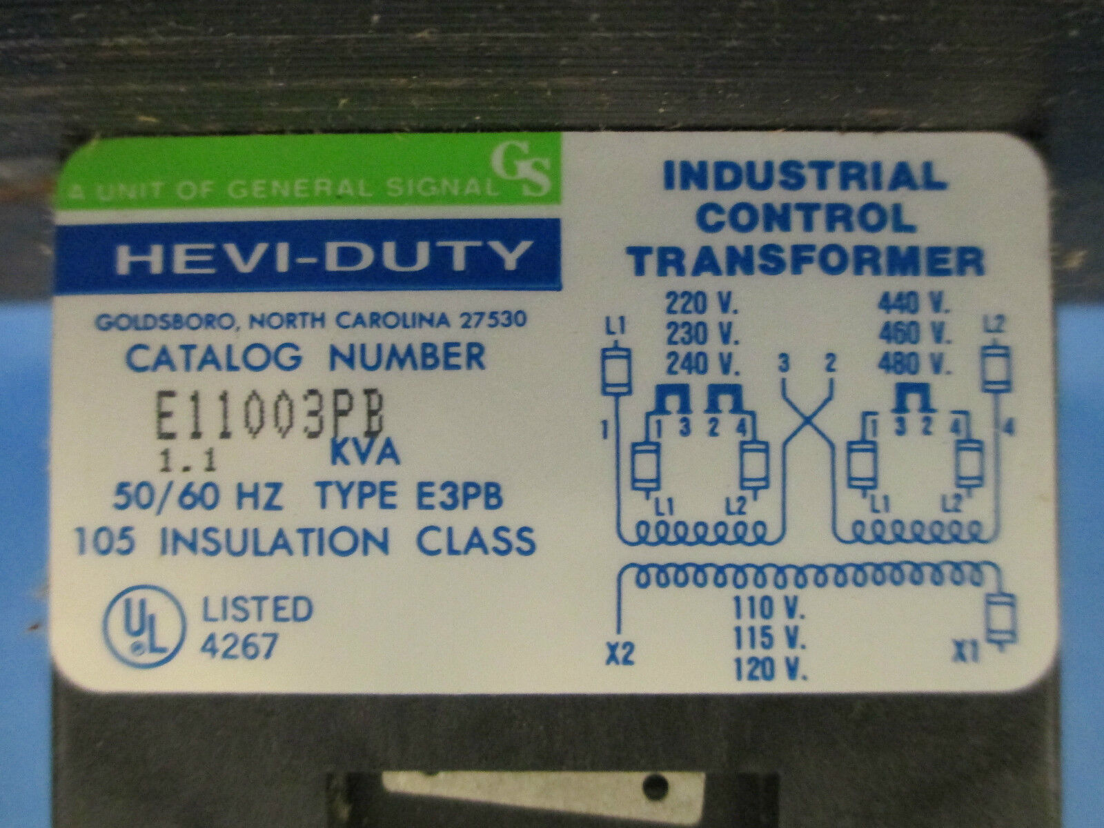 Hevi-Duty Transformer E11003PB 1.1KVA Pri 240/480V Sec 120V Used