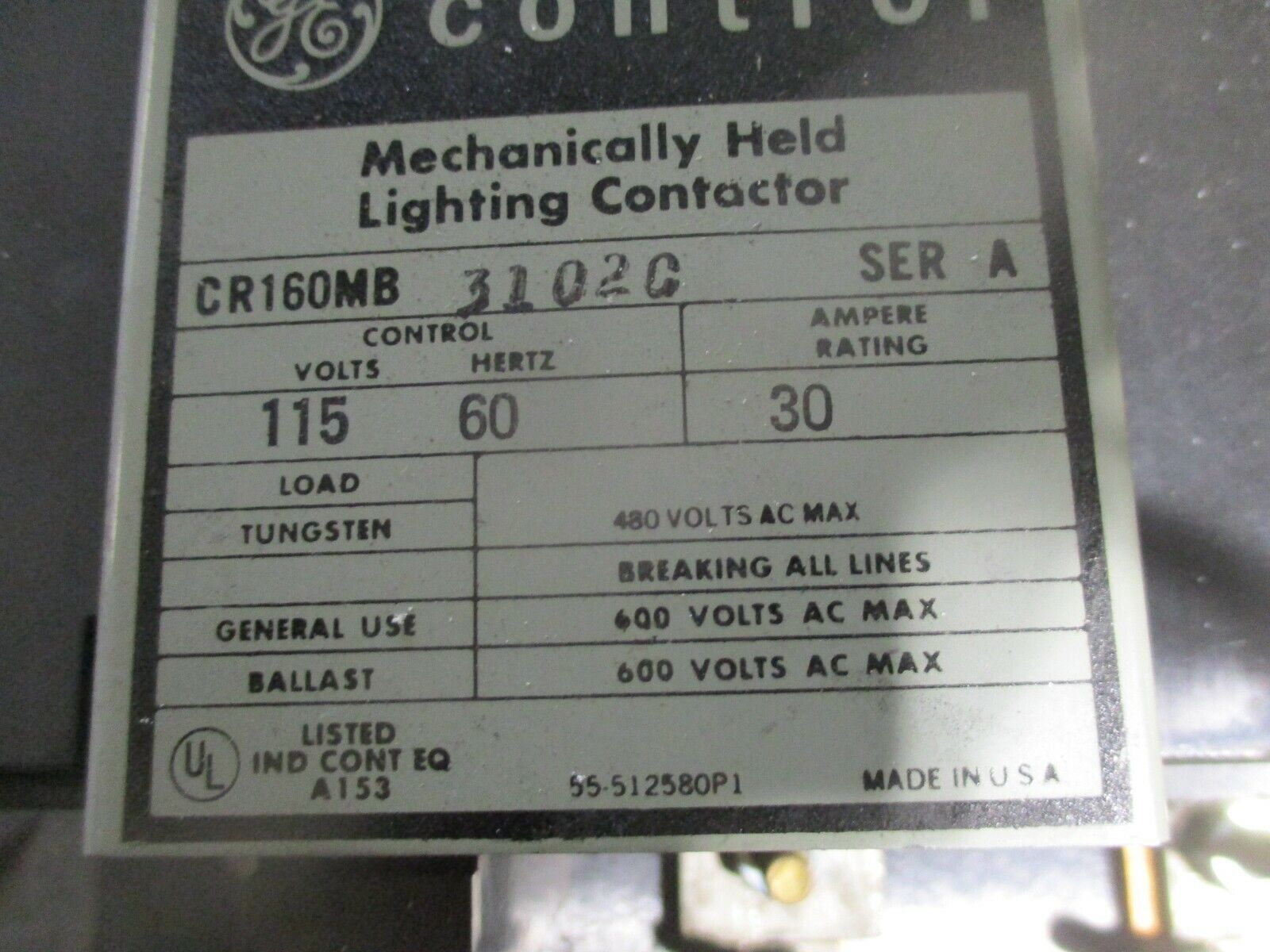 GE Lighting Contactor CR160MB 3102C Ser. A 115V Coil 30A Used