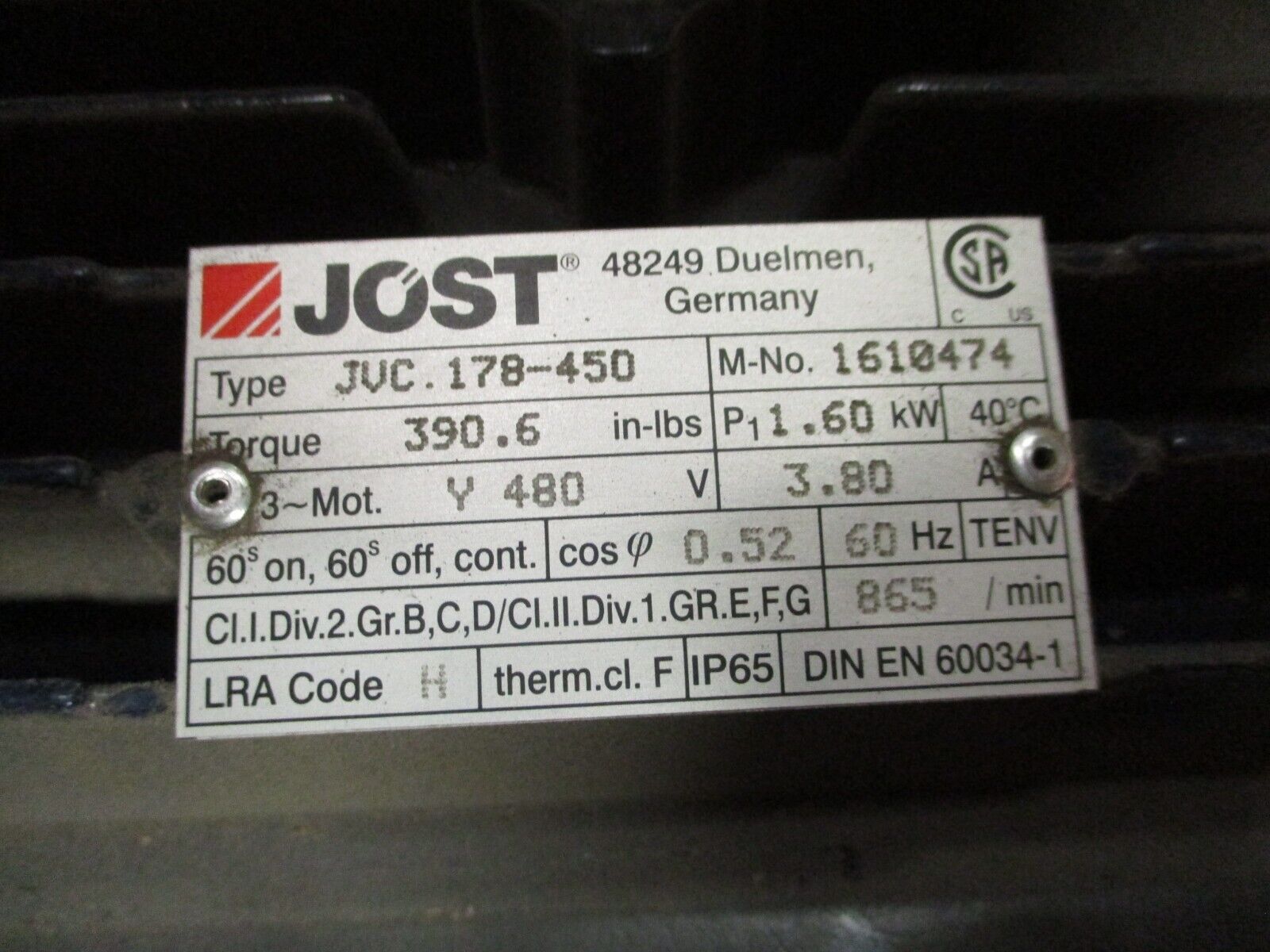 Jost Vibrating Motor JVC.178-450 1.60kW 480V 3Ph 3.8A 390.6 in-lbs Torque Used