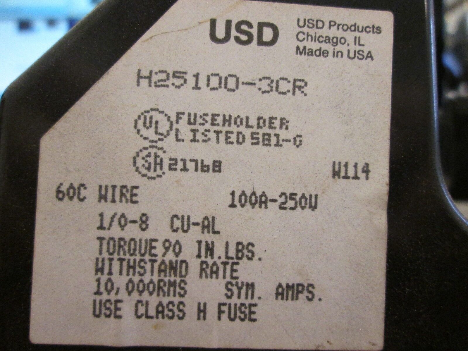 USD Fuseholder, H25100-3CR, 100A, 250V, 3P, Used