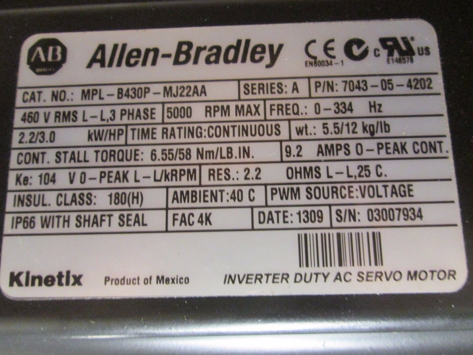 Allen-Bradley Kinetix AC Servo Motor w/ Reducer MPL-B430P-MJ22AA 3HP 5000RPM 3Ph