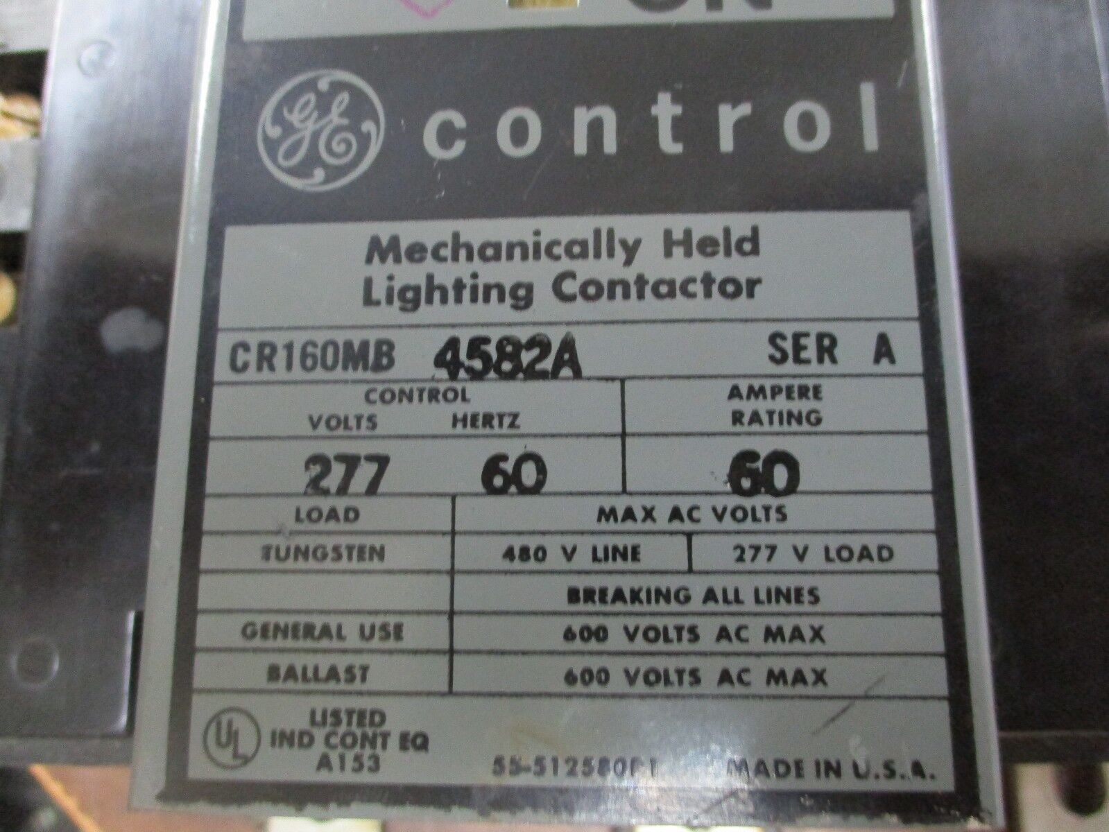 GE Mechanically Held Lighting Contactor CR160MB4582A 60A 600V Control: 277V Used