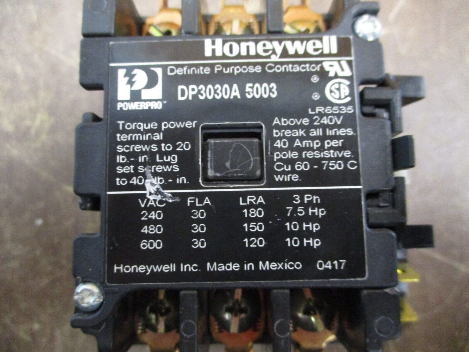 Honeywell PowerPro Definite Purpose Contactor DP3030A 5003 24V Coil 30A 600V