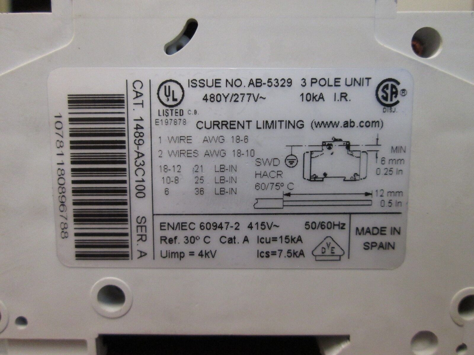 Allen-Bradley Miniature Circuit Breaker 1489-A 10A 480Y/277V 3P Used