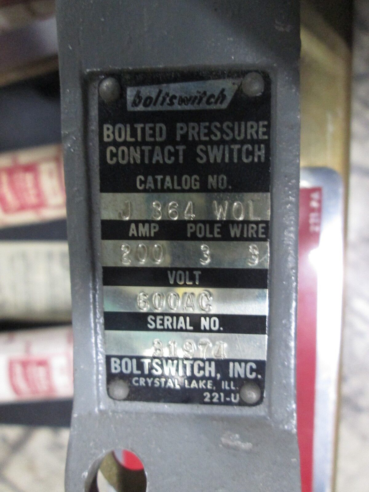 Boltswitch Bolted Pressure Contact Switch J 364 W0L 200A 3P 3W 600VAC Used