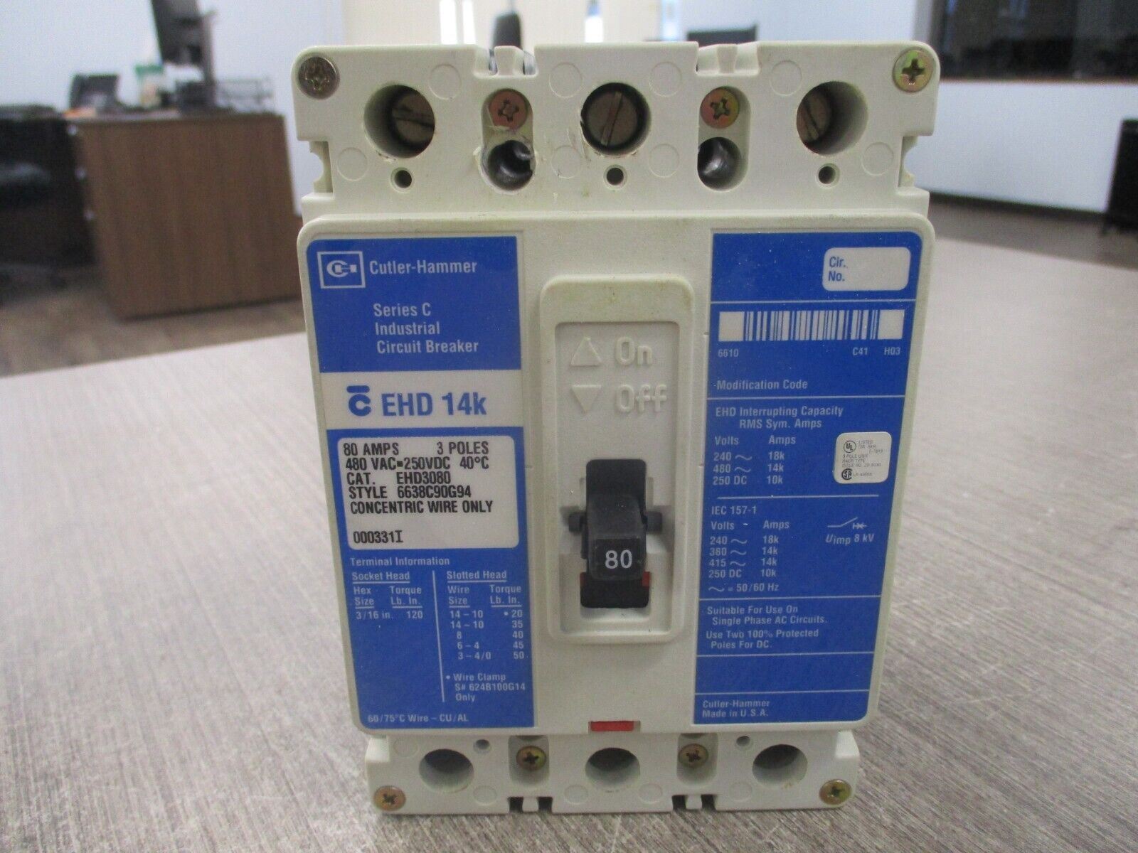 Cutler-Hammer Circuit Breaker EHD3080 Ser. C 80A 480V 3P New Surplus